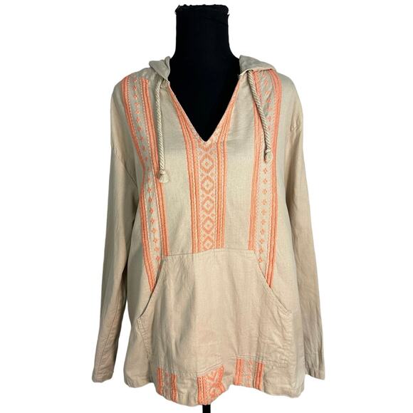Natural Reflections Tan Embroidered Long Sleeve Cotton Tunic Hoodie Size L - Picture 1 of 7